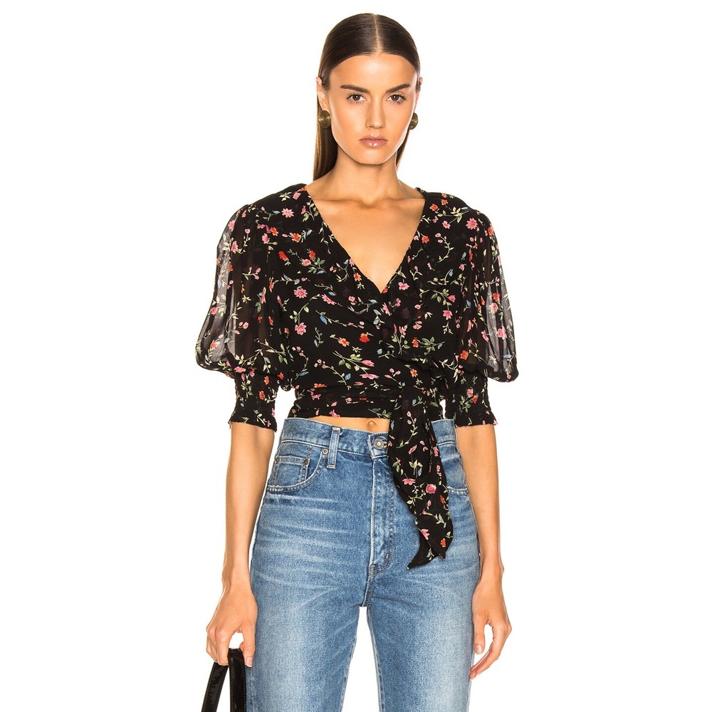 NWT GANNI Floral Print Georgette Wrap Blouse - Black & Pink 🌸 EU 38 (US 6) $160 - Picture 1 of 16